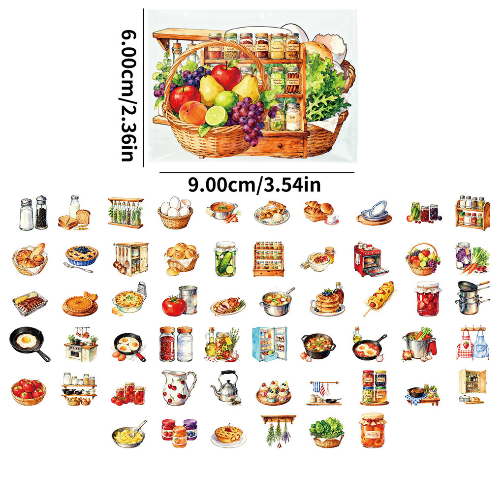 Kitchen Appliances Vintage - สติกเกอร์ PET ลายครัวเรโทร 56 ชิ้น, ลายอาหารอบและเครื่องครัวสำหรับตกแต่ง
